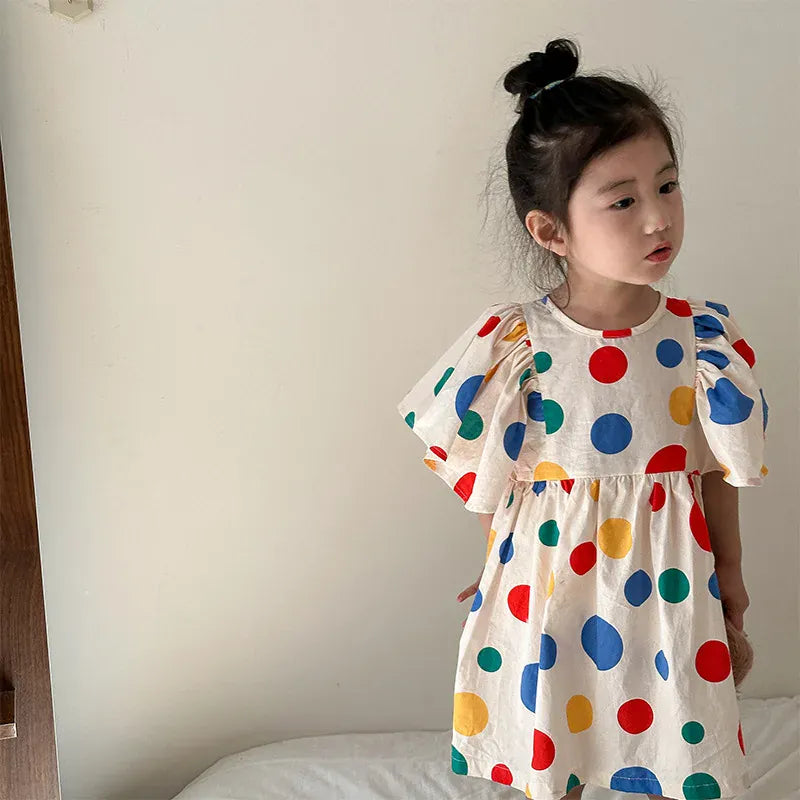 半袖セットアップ girl dress / 80cm 9-12M キッズセットアップ 2点セット/ワンピース ボーイズ半袖シャツ+ショートパンツ/ガールズ半袖ワンピース カラフル水玉ドットプリント リンクコーデ 兄弟姉妹 お揃いコーデ【mh0004514】