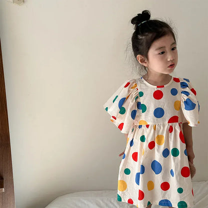 半袖セットアップ girl dress / 80cm 9-12M キッズセットアップ 2点セット/ワンピース ボーイズ半袖シャツ+ショートパンツ/ガールズ半袖ワンピース カラフル水玉ドットプリント リンクコーデ 兄弟姉妹 お揃いコーデ【mh0004514】