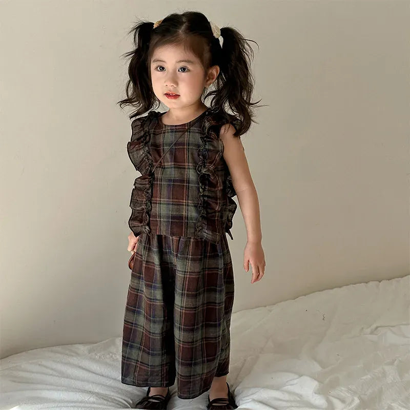 ノースリーブセットアップ girl suit / 80cm 9-12M キッズセットアップ 2点セット ボーイズ タンクトップ+ショートパンツ/ガールズフリルノースリーブブラウス+ロングワイドパンツ チェック リンクコーデ 兄弟姉妹 お揃いコーデ【mh0004647】