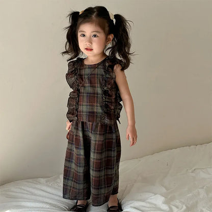 ノースリーブセットアップ girl suit / 80cm 9-12M キッズセットアップ 2点セット ボーイズ タンクトップ+ショートパンツ/ガールズフリルノースリーブブラウス+ロングワイドパンツ チェック リンクコーデ 兄弟姉妹 お揃いコーデ【mh0004647】