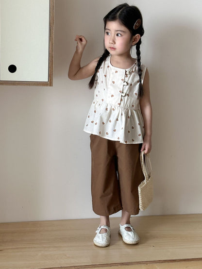 半袖セットアップ Girls set / 80cm ハートプリントガールズノースリーブブラウス+ロングパンツ/ボーイズ半袖シャツ+ショートパンツ セットアップ 2点セット【mh0009831】