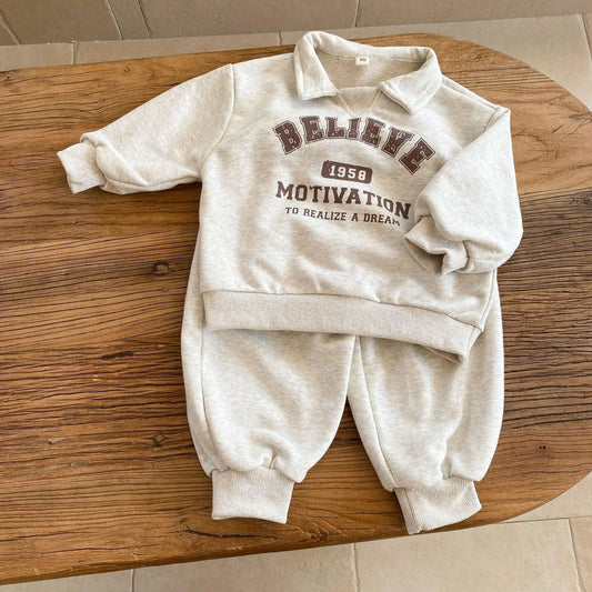 長袖セットアップ Gray / 12M  80CM キッズセットアップ 2点セット 長袖襟付きスウェットシャツ+ロングパンツ レターロゴプリント 2カラー【mh0006563】