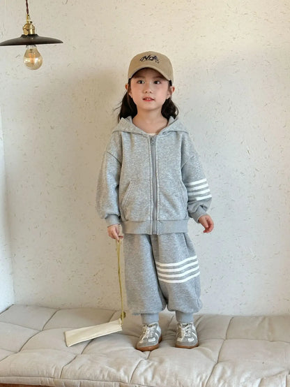 長袖セットアップ Gray / 80cm 12M キッズセットアップ 2点セット ラインアクセントフーディジップアップスウェットパーカー+ロングルーズスウェットパンツ【mh0008829】