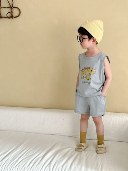 ノースリーブセットアップ Gray / 80cm 恐竜ダイナソープリントタンクトップ+ショートパンツセットアップ 2点セット【mh0009835】