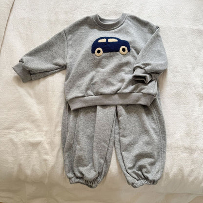 長袖セットアップ Gray / 80cm 車カーアップリケ長袖スウェットセットアップ 2点セット【mh0010492】