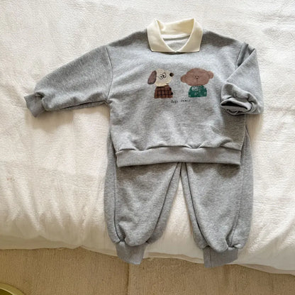 長袖セットアップ Gray / 80cm 襟付きベアくまプリントスウェットセットアップ 2点セット【mh0011249】