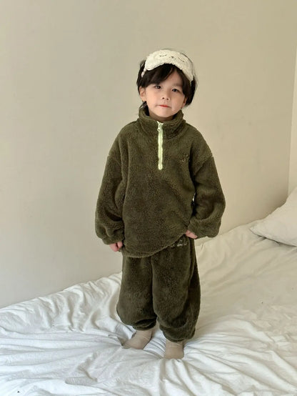 長袖パジャマ Green / 12M  80CM キッズセットアップ 2点セット フリースフランネル防寒長袖パジャマセット【mh0007784】