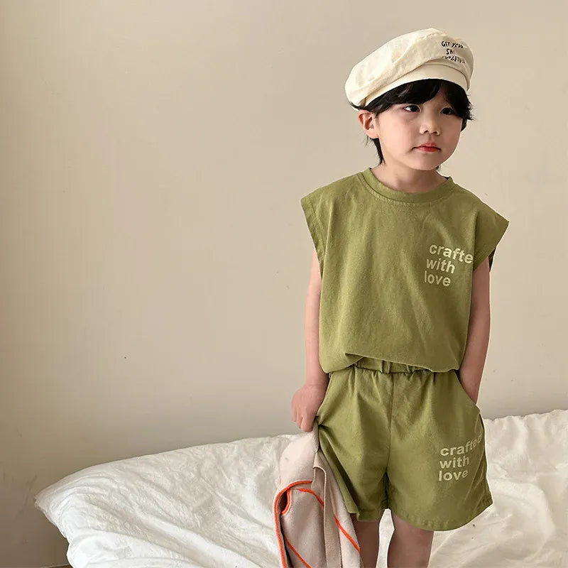 ノースリーブセットアップ Green / 80cm 9-12M キッズセットアップ 2点セット ノースリーブタンクトップ+ショートパンツ レターロゴプリント 2カラー【mh0004907】