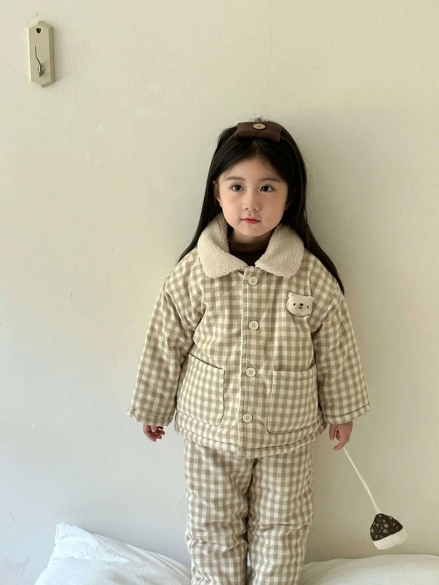 長袖パジャマ Khaki / 12M  80CM キッズセットアップ 2点セット チェック厚手防寒長袖パジャマセット【mh0007785】