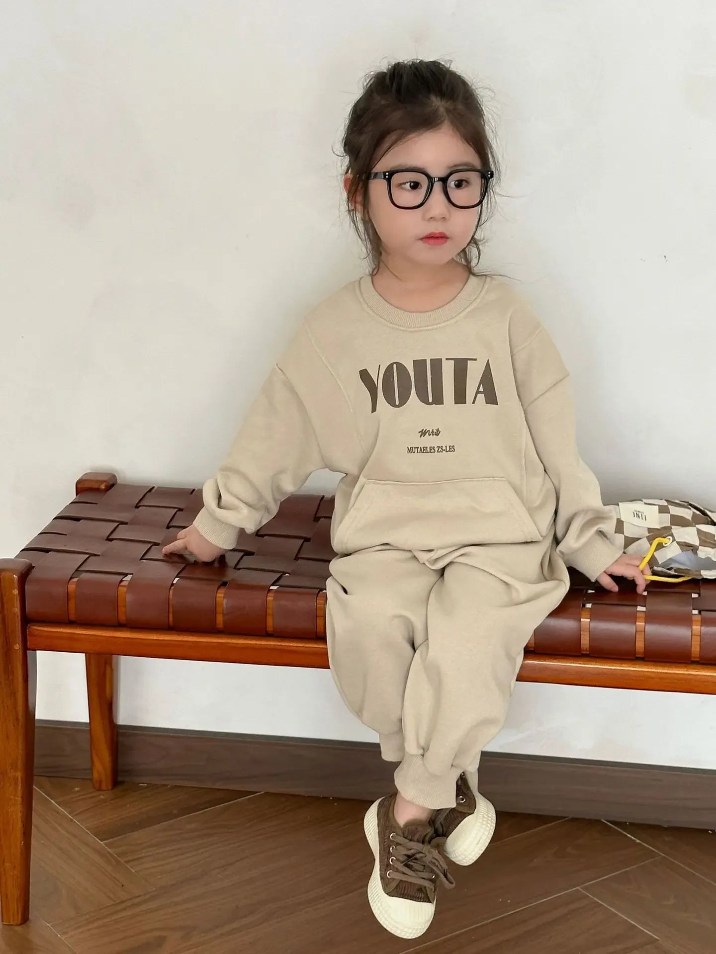 長袖セットアップ Khaki / 80cm 12M キッズセットアップ 2点セット レターロゴプリントカンガルーポケット長袖スウェットシャツ+ロングスウェットパンツ【mh0008765】