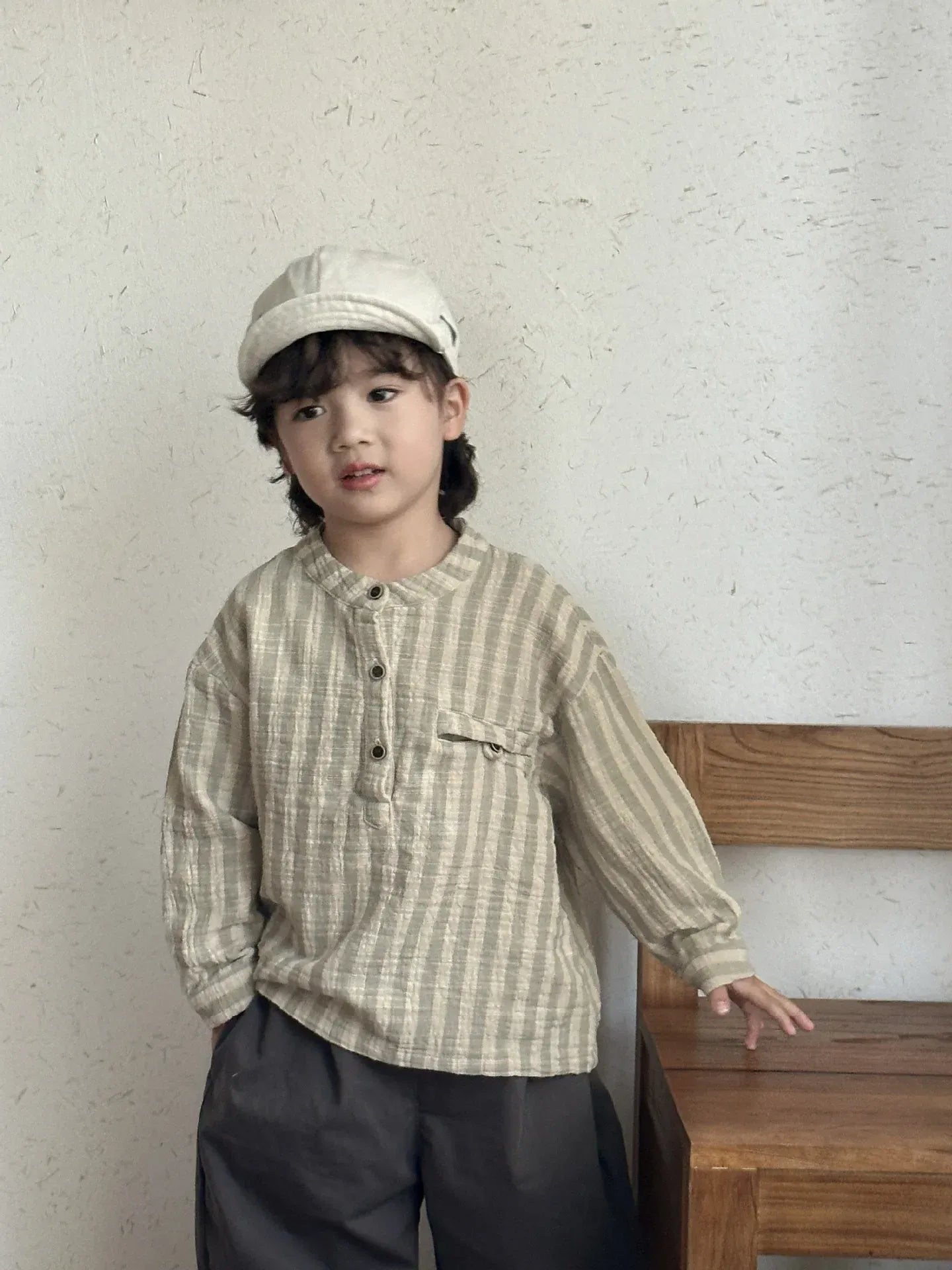 長袖シャツ・ブラウス Khaki / 80cm 12M キッズトップス ストライプノーカラー長袖シャツ【mh0008827】