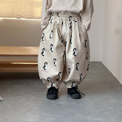 ロングパンツ・スウェットパンツ Khaki / 80cm ペンギン/フラワープリントロングルーズタックパンツ【mh0010496】