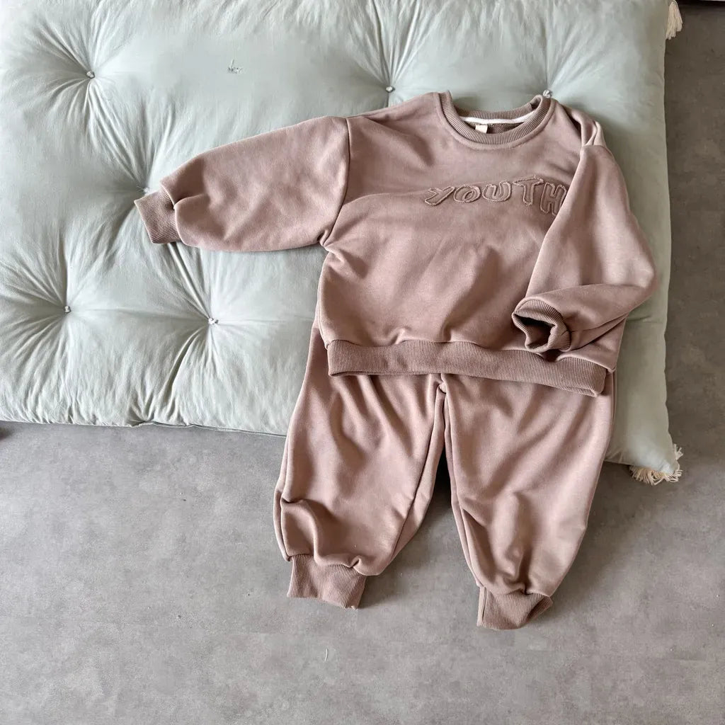 長袖セットアップ Light Coffee / 80cm YOUTHロゴ刺繍スウェットセットアップ 2点セット【mh0011235】