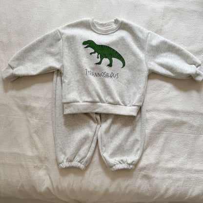 長袖セットアップ Light Gray / 80cm ダイナソー恐竜プリント長袖スウェットセットアップ 2点セット【mh0010494】
