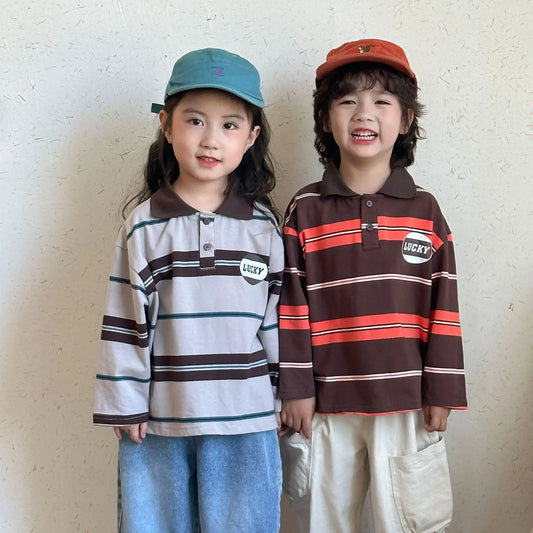 長袖シャツ・ブラウス キッズトップス レトロボーダー長袖ポロシャツ【mh-0008833】