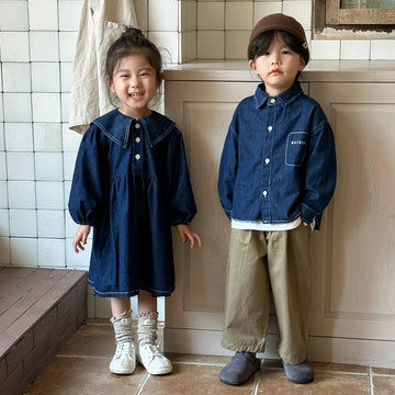 長袖ワンピース キッズトップス/ワンピース デニム 長袖シャツ/長袖セーラーカラーワンピース リンクコーデ 兄弟姉妹 お揃いコーデ【mh0006425】