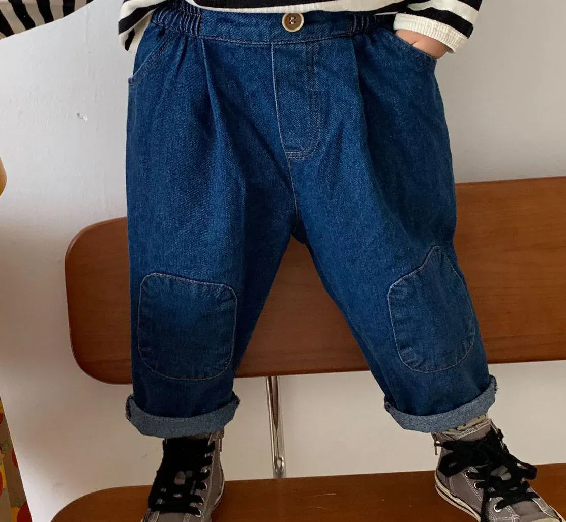 デニムパンツ キッズパンツ デニムパンツ 膝パッチ レトロ ジーンズ ジーパン【mh0006543】