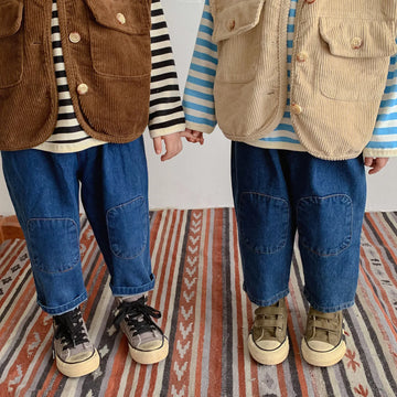 デニムパンツ キッズパンツ デニムパンツ 膝パッチ レトロ ジーンズ ジーパン【mh0006543】