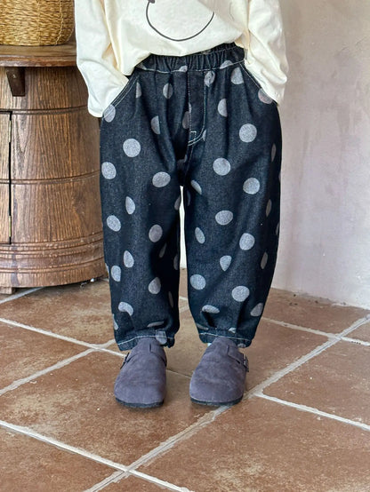 ノースリーブワンピース キッズパンツ/サスペンダースカート デニム水玉ポルカドットプリントルーズロングパンツ/サスペンダーオーバーオールスカート リンクコーデ 兄弟姉妹 お揃いコーデ【mh0006890】
