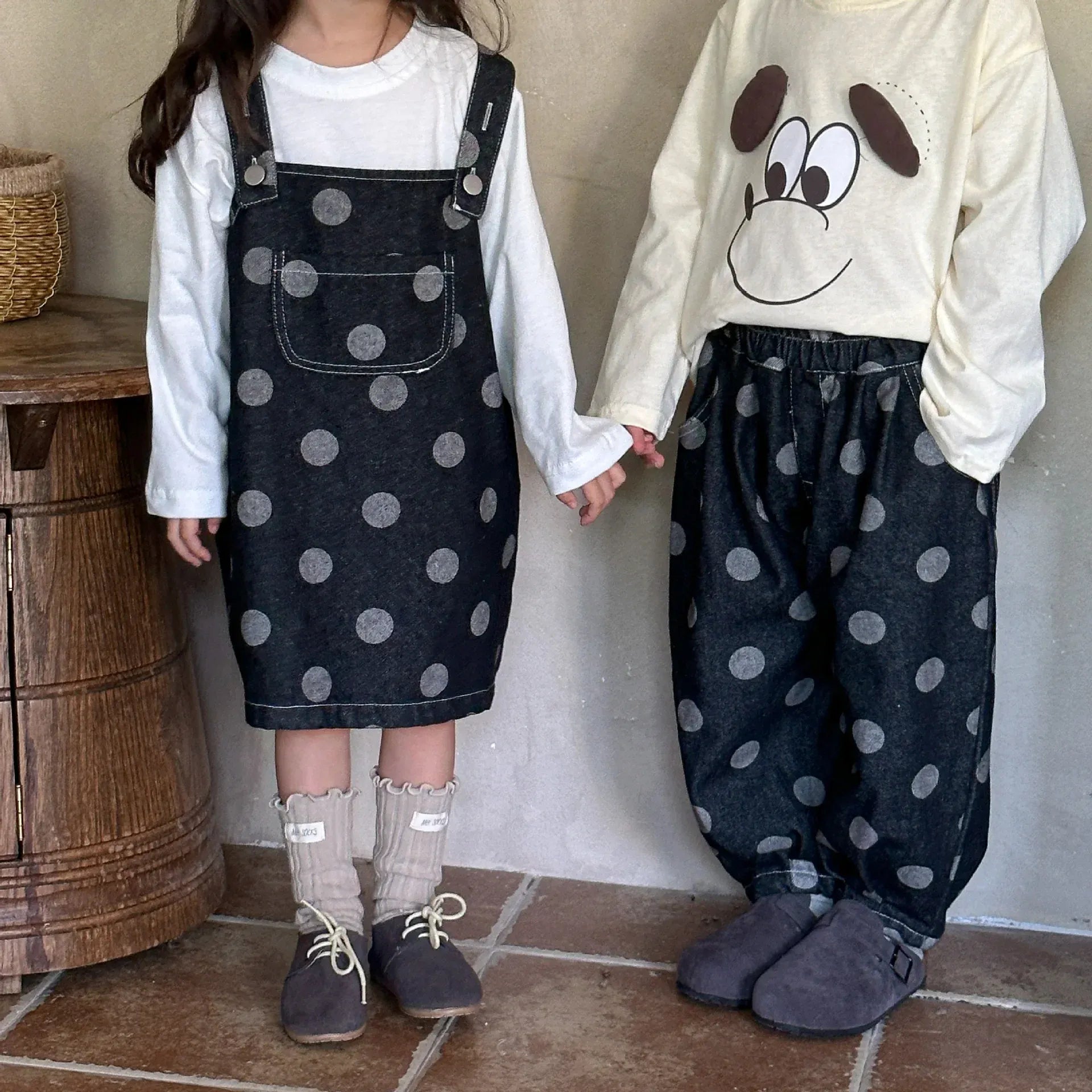 ノースリーブワンピース キッズパンツ/サスペンダースカート デニム水玉ポルカドットプリントルーズロングパンツ/サスペンダーオーバーオールスカート リンクコーデ 兄弟姉妹 お揃いコーデ【mh0006890】