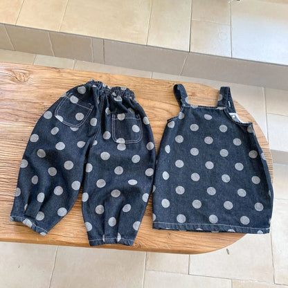 ノースリーブワンピース キッズパンツ/サスペンダースカート デニム水玉ポルカドットプリントルーズロングパンツ/サスペンダーオーバーオールスカート リンクコーデ 兄弟姉妹 お揃いコーデ【mh0006890】