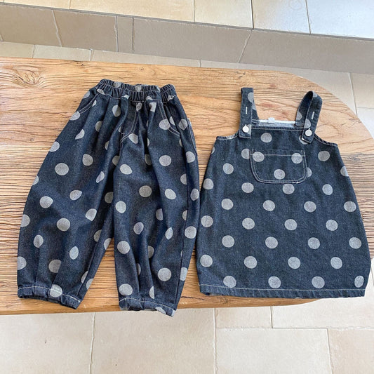 ノースリーブワンピース キッズパンツ/サスペンダースカート デニム水玉ポルカドットプリントルーズロングパンツ/サスペンダーオーバーオールスカート リンクコーデ 兄弟姉妹 お揃いコーデ【mh0006890】