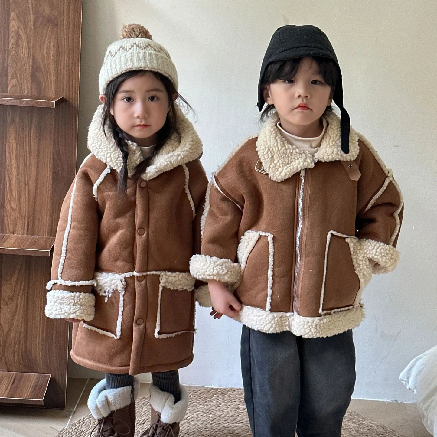 ロングコート キッズアウター 裏ボアフリースフェイクムートンジャケットコート ロング/ショート【mh0007783】