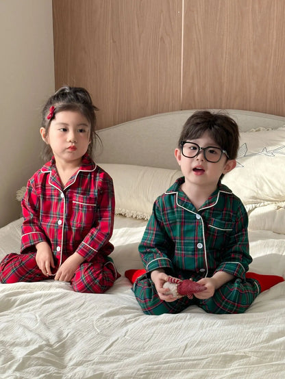 長袖パジャマ キッズ長袖パジャマセット クリスマスカラーチェック長袖シャツ+ロングパンツ【mh0008063】