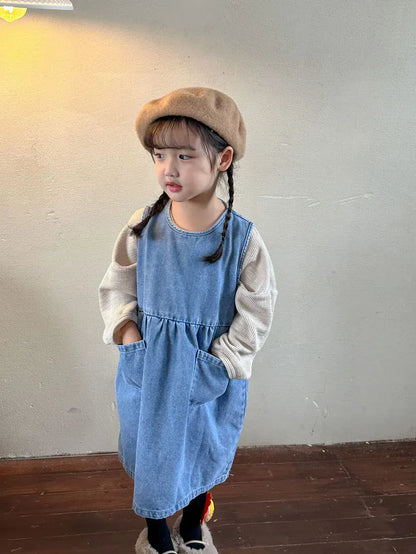 ノースリーブワンピース キッズワンピース デニムシンプルノースリーブワンピースジャンパースカート【mh0008637】