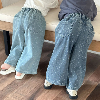 デニムパンツ キッズパンツ 水玉ドットプリントワイドルーズデニムパンツ【mh0008780】