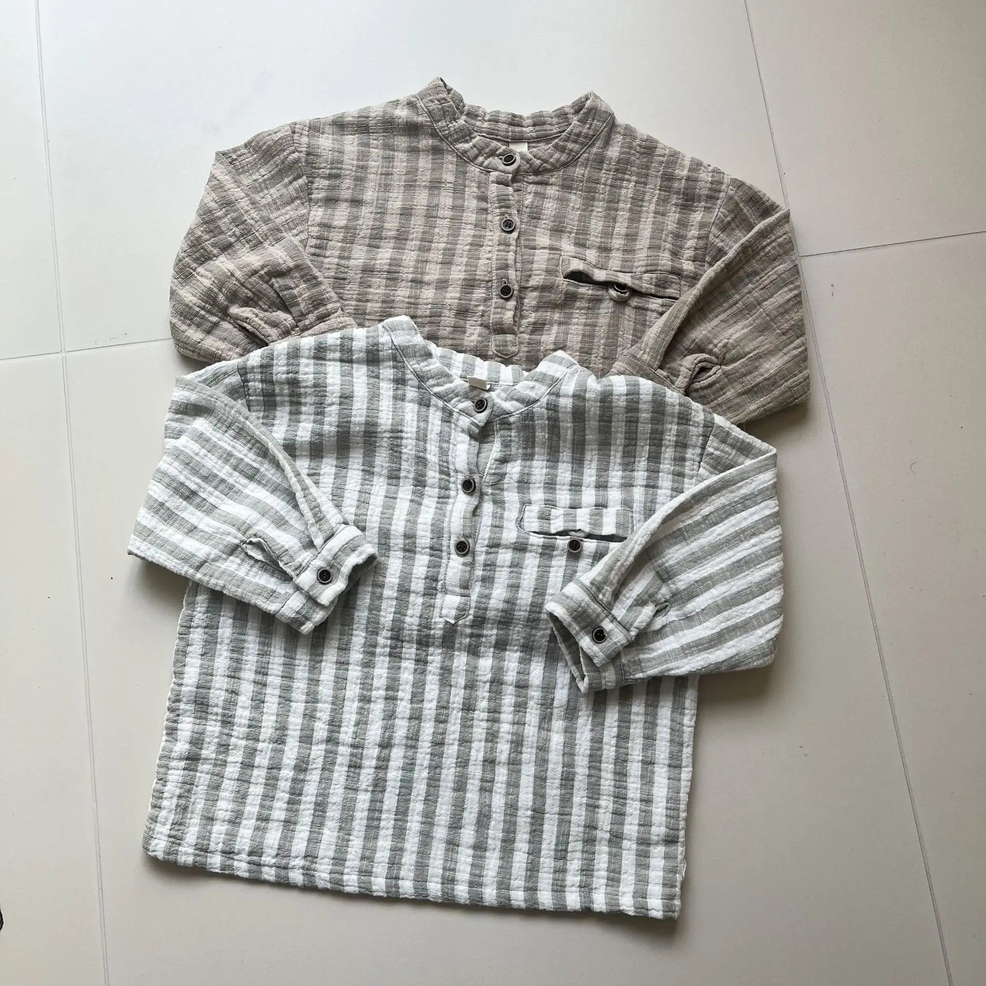 長袖シャツ・ブラウス キッズトップス ストライプノーカラー長袖シャツ【mh0008827】