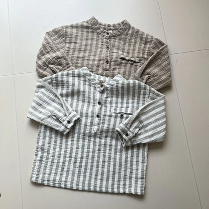 長袖シャツ・ブラウス キッズトップス ストライプノーカラー長袖シャツ【mh0008827】