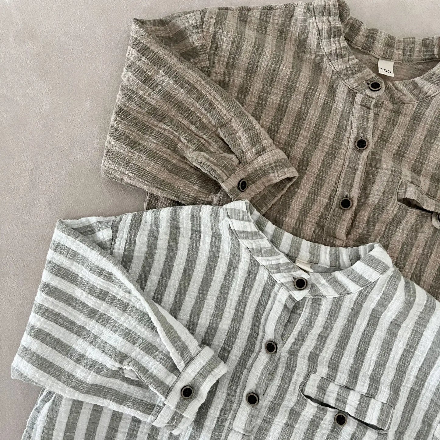 長袖シャツ・ブラウス キッズトップス ストライプノーカラー長袖シャツ【mh0008827】