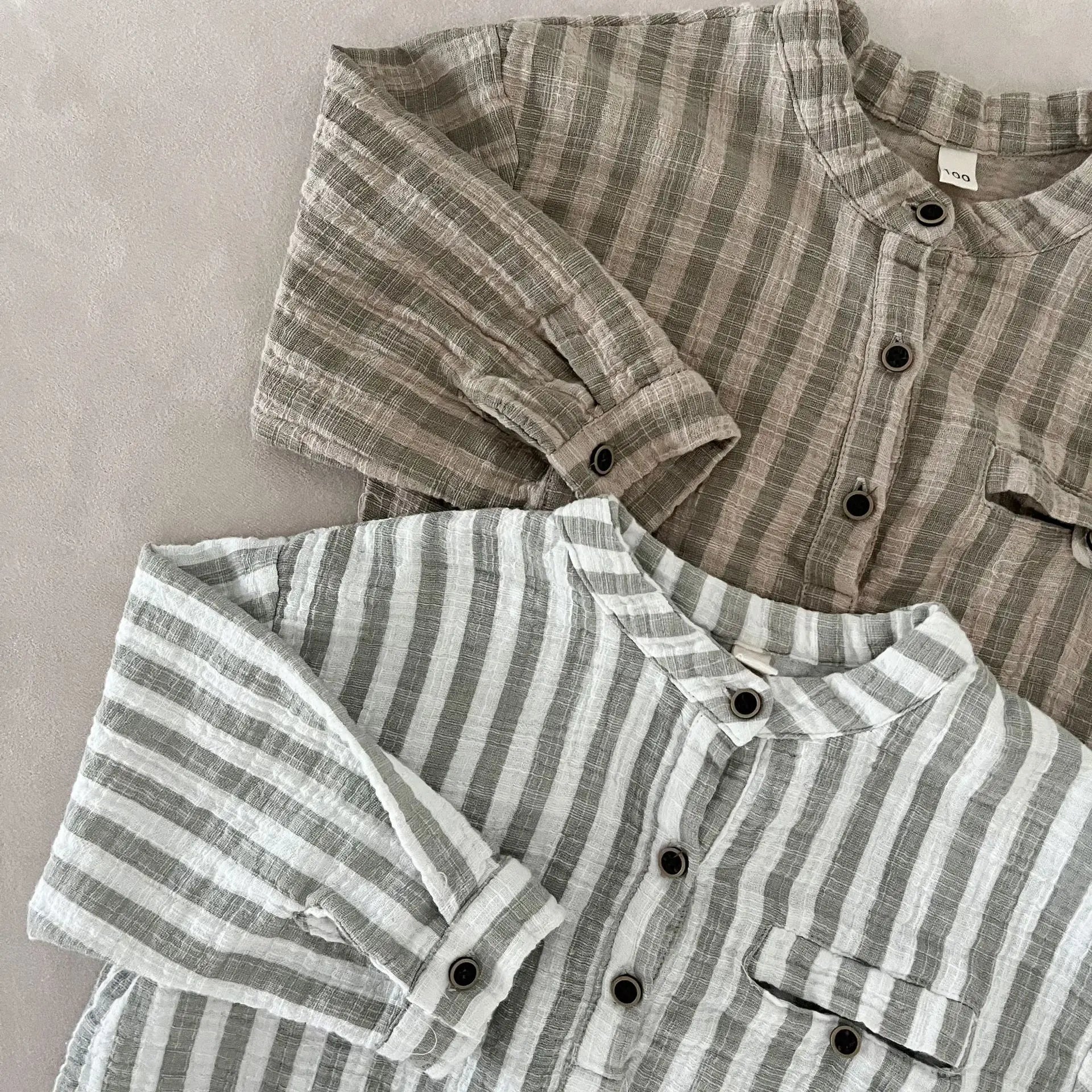 長袖シャツ・ブラウス キッズトップス ストライプノーカラー長袖シャツ【mh0008827】