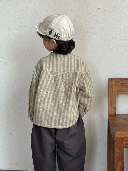 長袖シャツ・ブラウス キッズトップス ストライプノーカラー長袖シャツ【mh0008827】