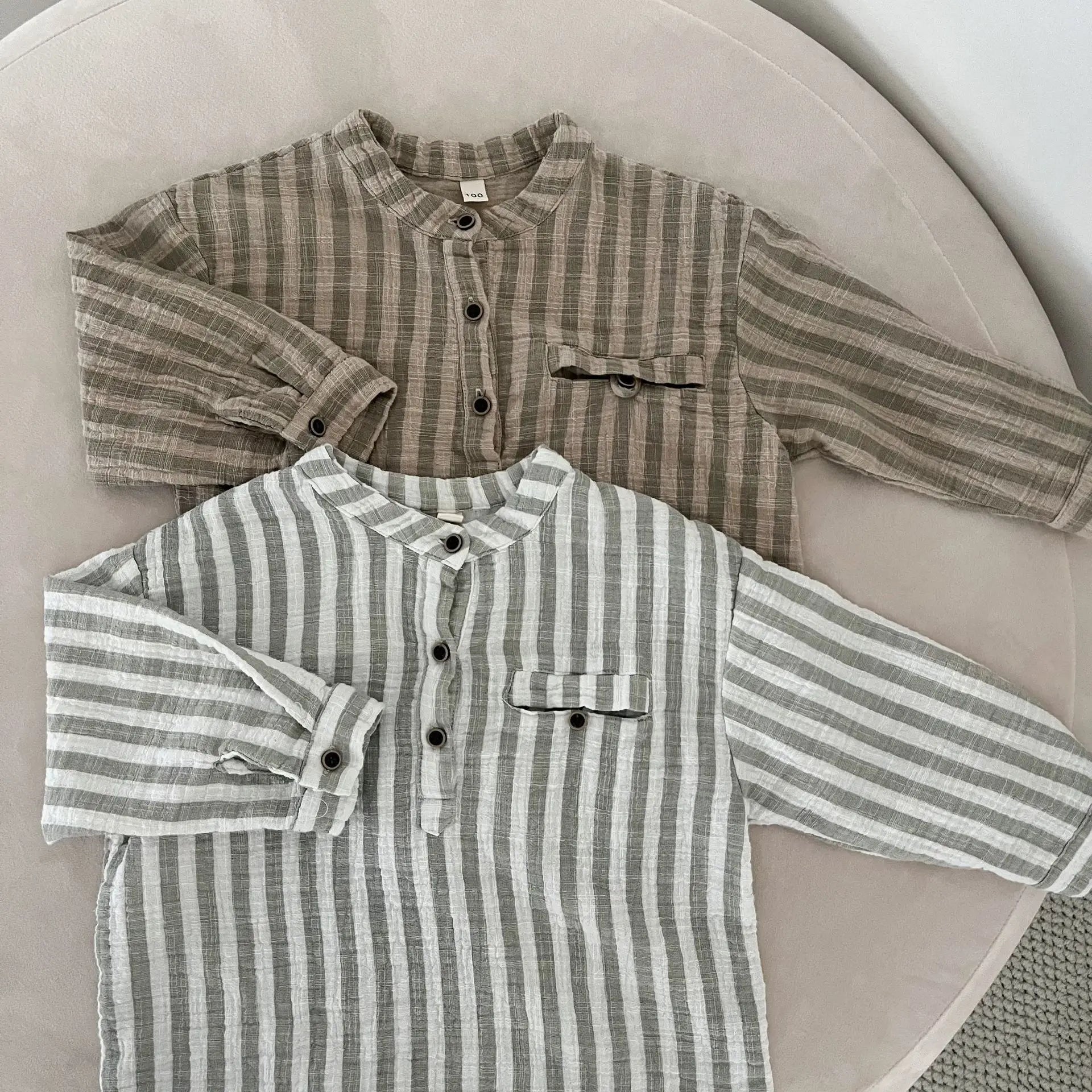 長袖シャツ・ブラウス キッズトップス ストライプノーカラー長袖シャツ【mh0008827】