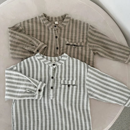 長袖シャツ・ブラウス キッズトップス ストライプノーカラー長袖シャツ【mh0008827】