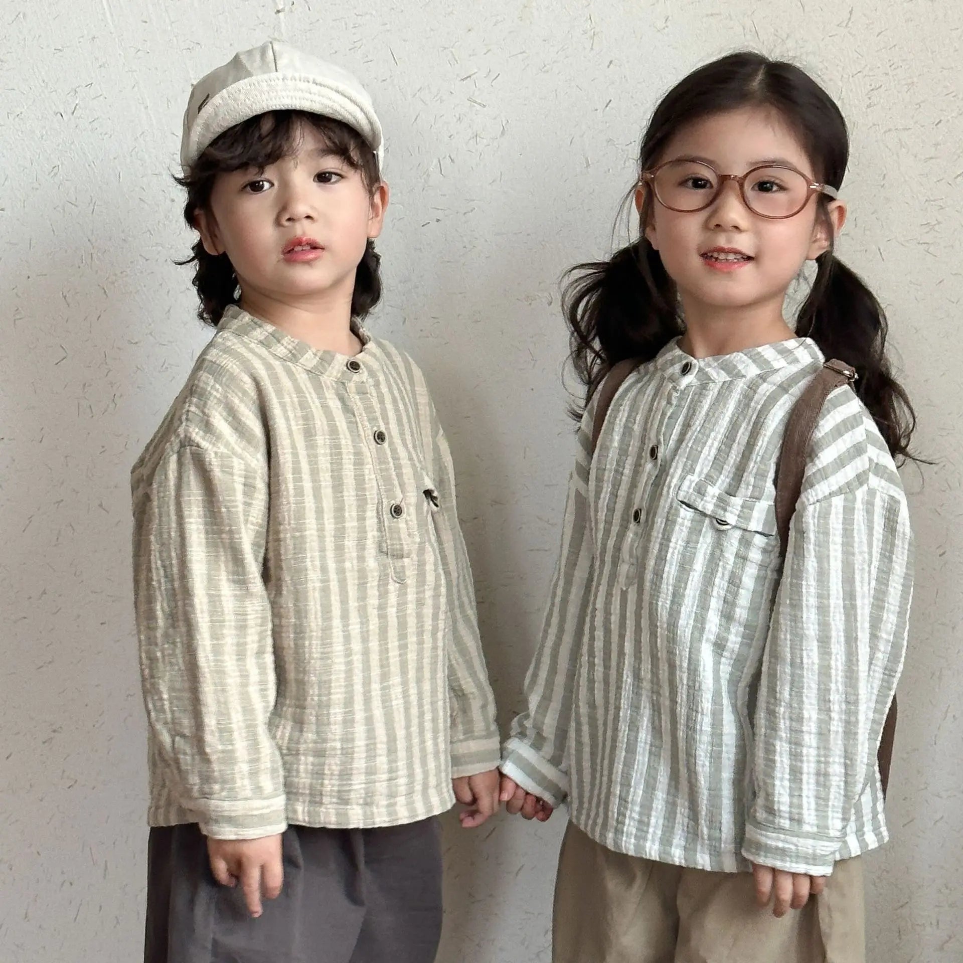長袖シャツ・ブラウス キッズトップス ストライプノーカラー長袖シャツ【mh0008827】
