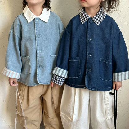 ショートコート・ジャケット・ジャンパー キッズアウター デニムノーカラージャケット【mh0008830】