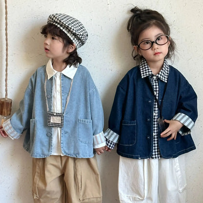 ショートコート・ジャケット・ジャンパー キッズアウター デニムノーカラージャケット【mh0008830】
