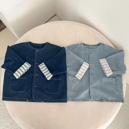 ショートコート・ジャケット・ジャンパー キッズアウター デニムノーカラージャケット【mh0008830】