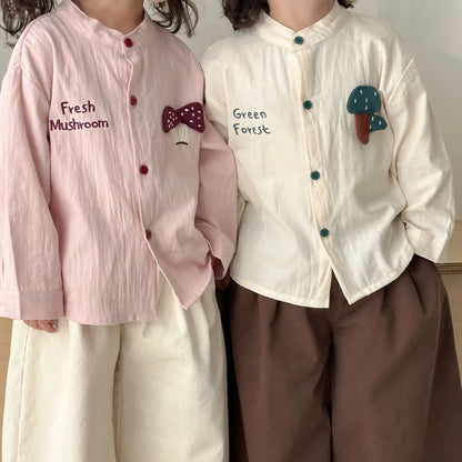 長袖シャツ・ブラウス キッズトップス アップリケ刺繍ノーカラー長袖シャツブラウス【mh0008834】