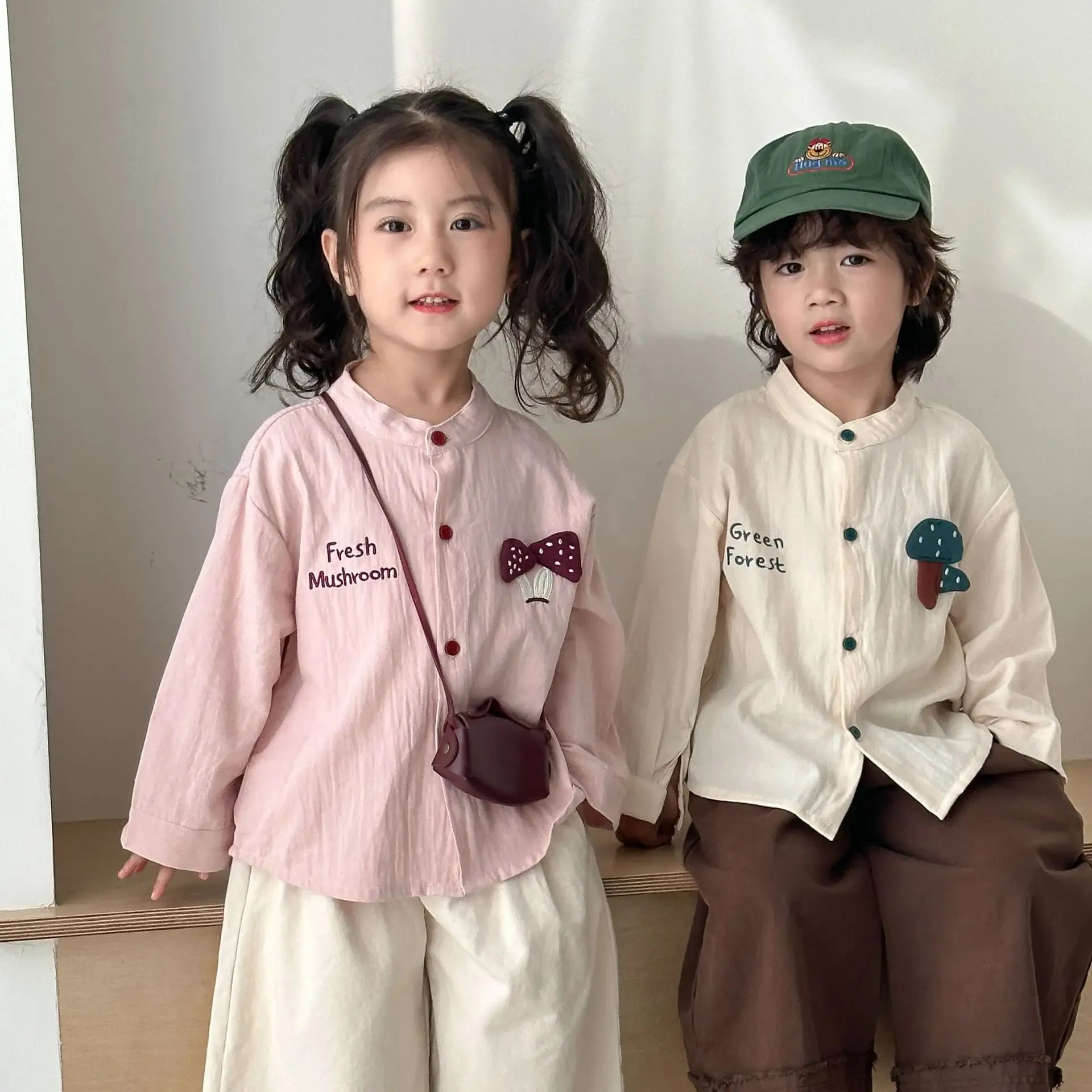 長袖シャツ・ブラウス キッズトップス アップリケ刺繍ノーカラー長袖シャツブラウス【mh0008834】