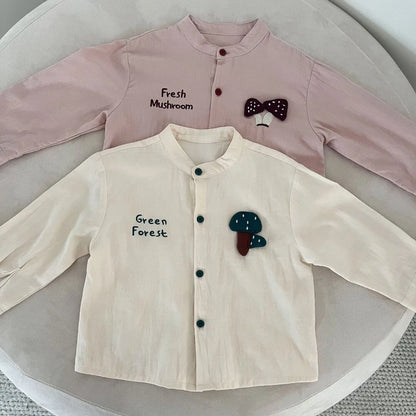 長袖シャツ・ブラウス キッズトップス アップリケ刺繍ノーカラー長袖シャツブラウス【mh0008834】