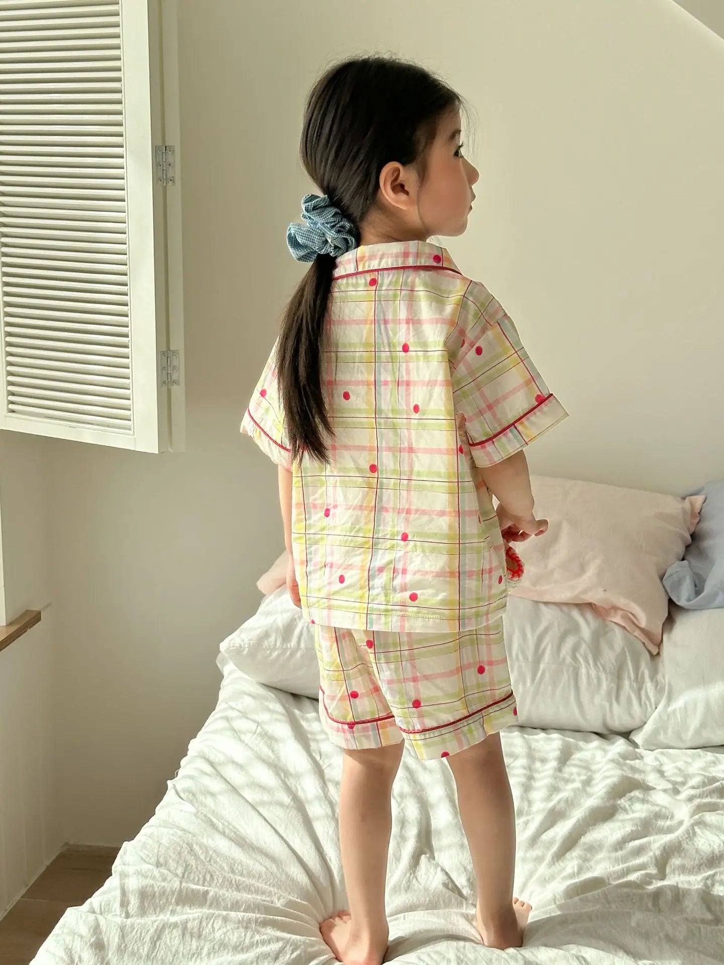 半袖セットアップ キッズパジャマセット チェック/宇宙プリント 半袖シャツ+ショートパンツ【mh0008871】