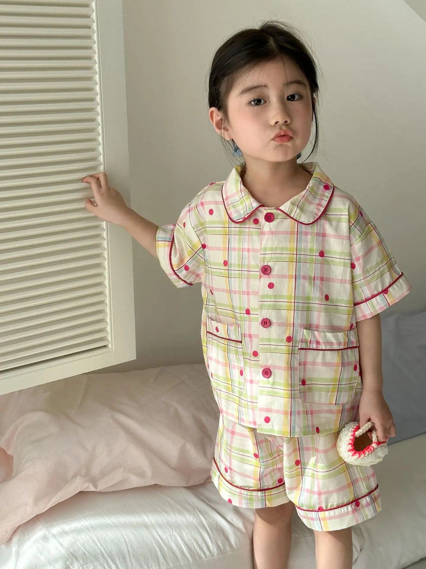半袖セットアップ キッズパジャマセット チェック/宇宙プリント 半袖シャツ+ショートパンツ【mh0008871】