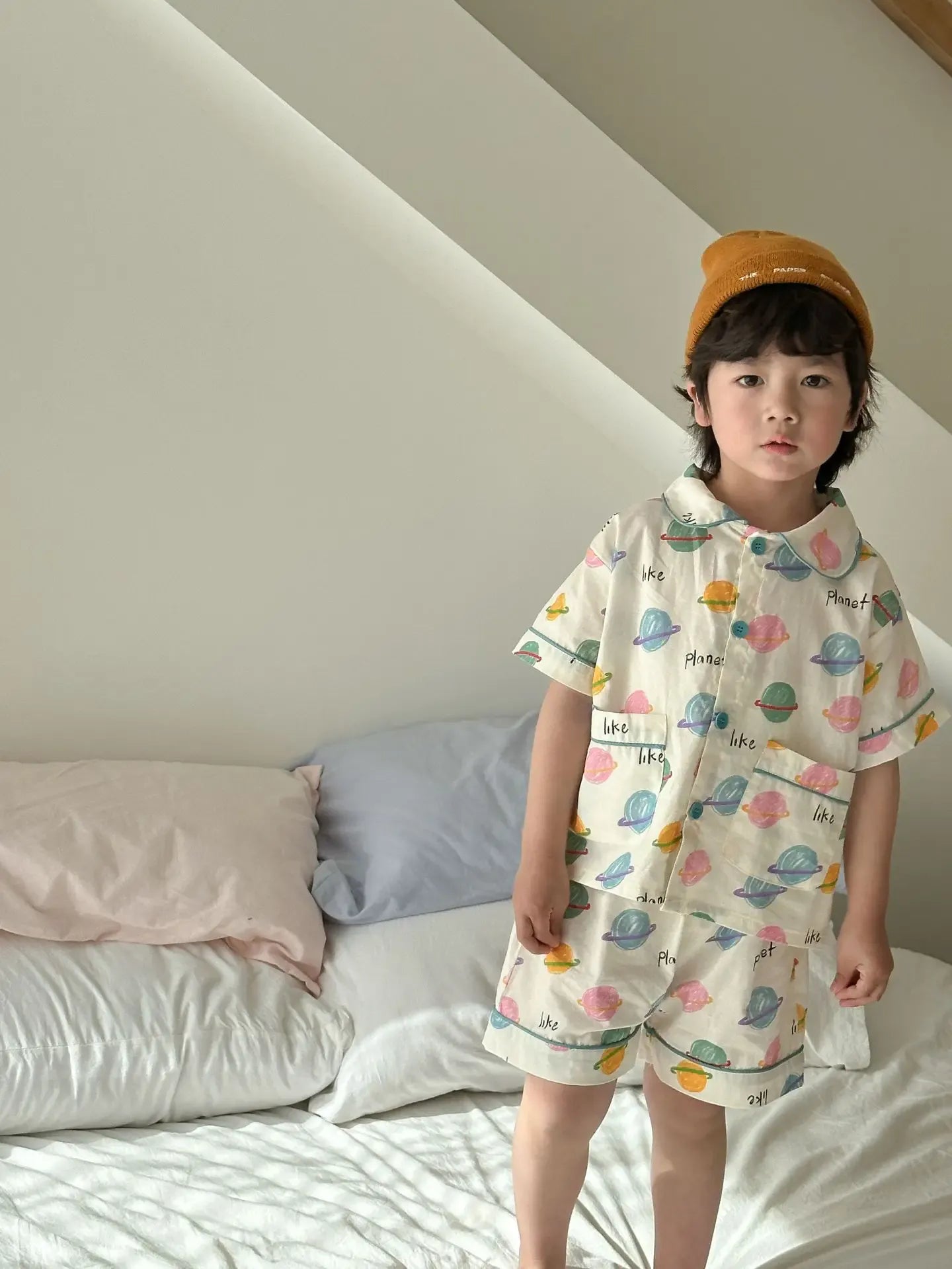 半袖セットアップ キッズパジャマセット チェック/宇宙プリント 半袖シャツ+ショートパンツ【mh0008871】