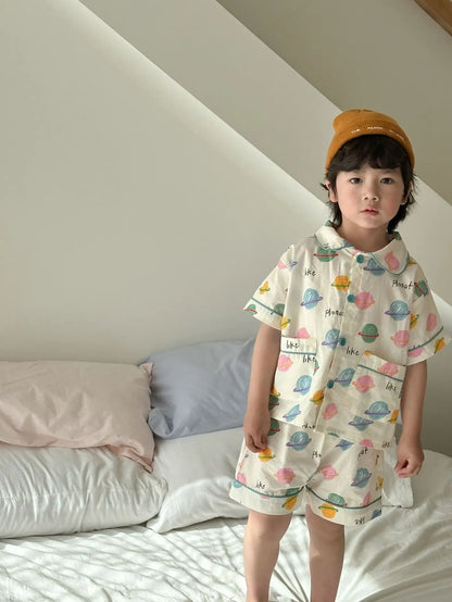 半袖セットアップ キッズパジャマセット チェック/宇宙プリント 半袖シャツ+ショートパンツ【mh0008871】