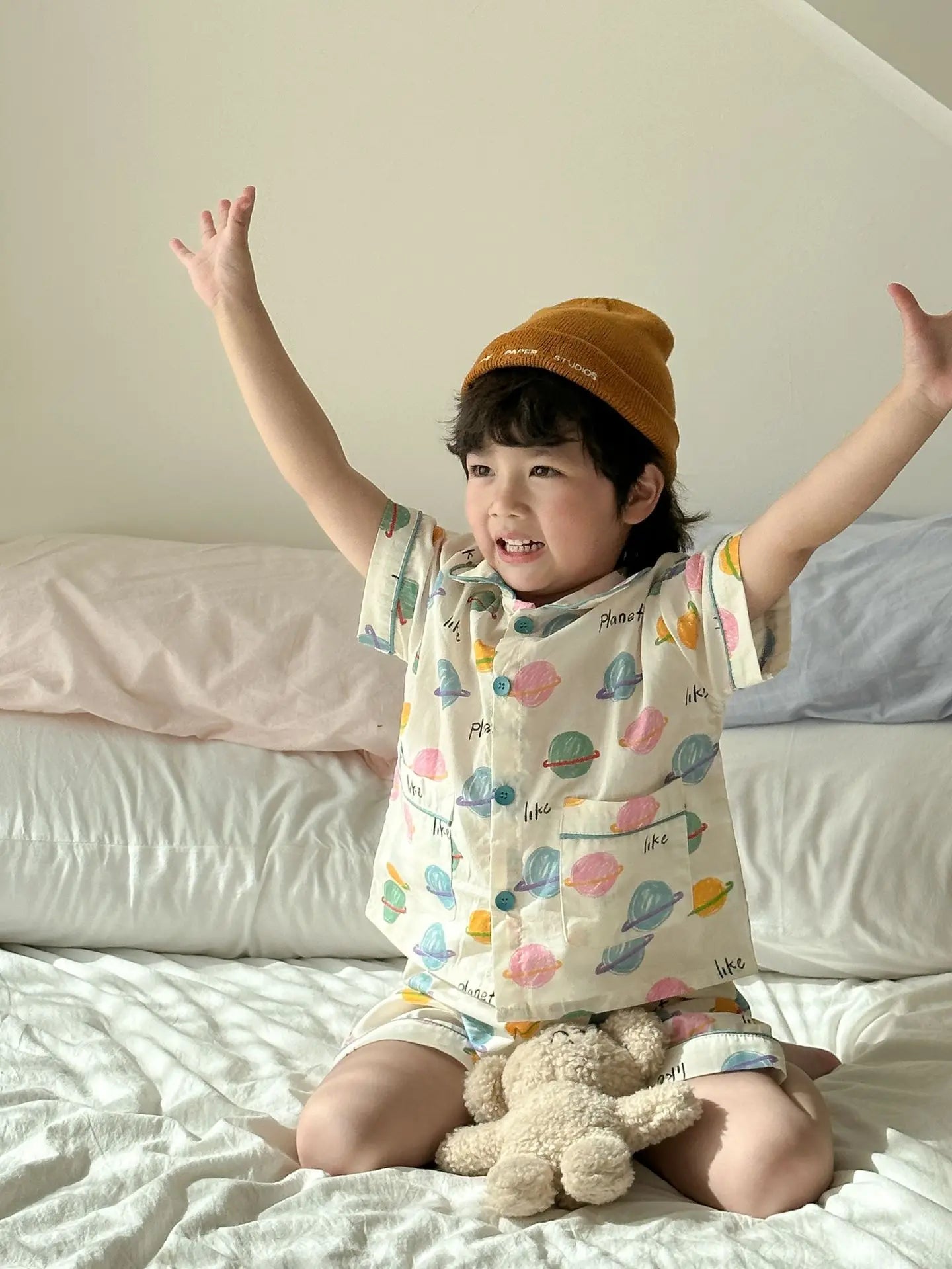 半袖セットアップ キッズパジャマセット チェック/宇宙プリント 半袖シャツ+ショートパンツ【mh0008871】