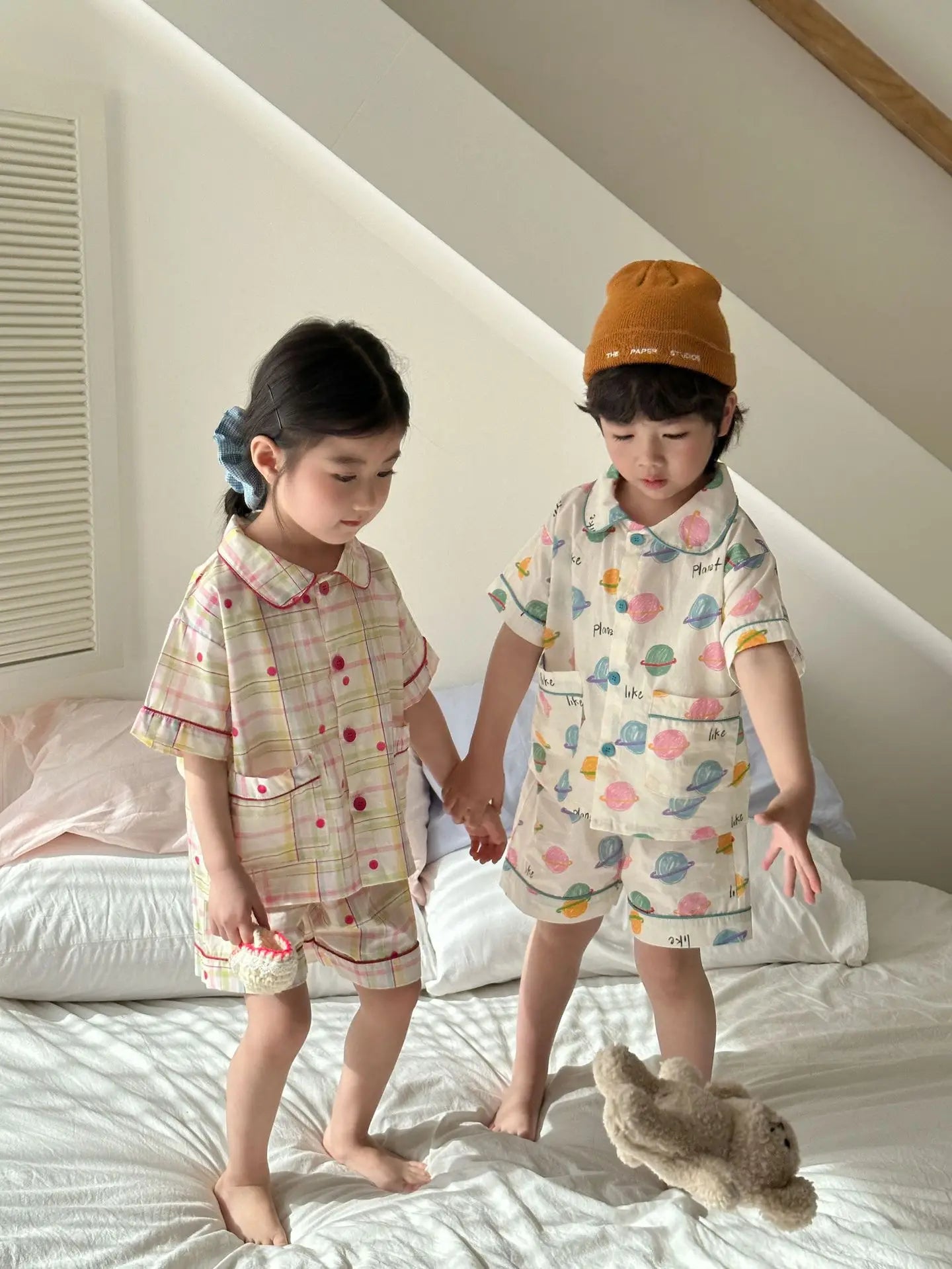 半袖セットアップ キッズパジャマセット チェック/宇宙プリント 半袖シャツ+ショートパンツ【mh0008871】